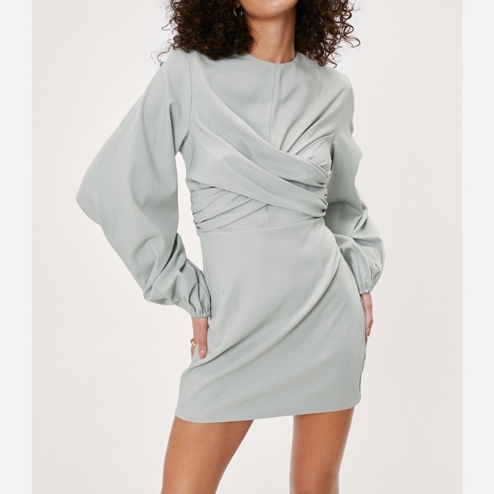 Nasty Gal Twist Front Puff Sleeve Dress Sage Green - US 6